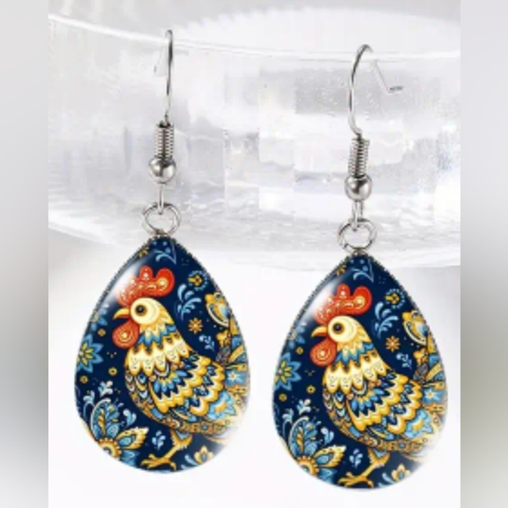 colorful earrings blue‎ yellow red Farmhouse Western Rustic Rooster Teardrop